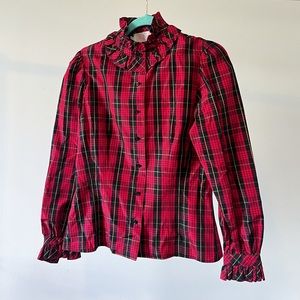 VINTAGE LORD & TAYLOR HOLIDAY PLAID RUFFLE BLOUSE